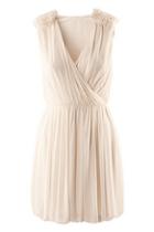 Romwe Flower Embellished Crossed Elastic Pleated Cream Dress