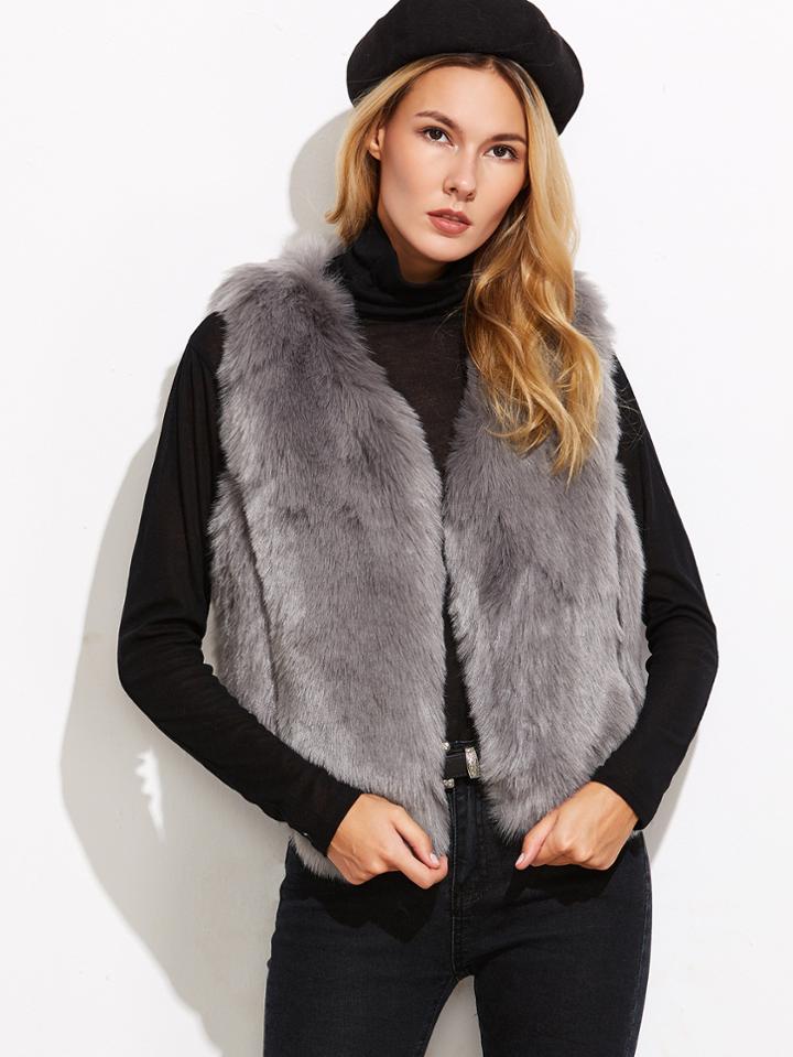 Romwe Grey Faux Fur Vest Coat