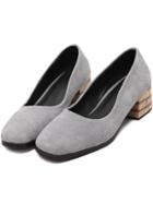 Romwe Grey Square Toe Chunky Heel Real Leather Pumps