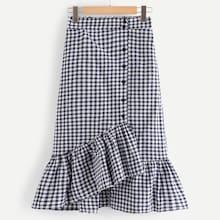 Romwe Button Front Mermaid Gingham Skirt
