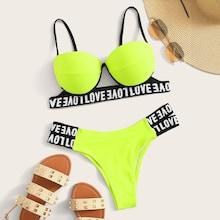 Romwe Neon Lime Letter Tape Underwire Bikini Set