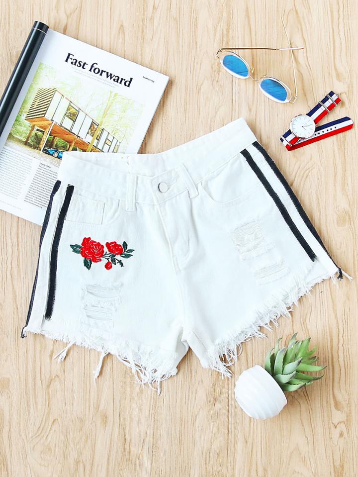 Romwe Rose Embroidered Side Stripe Destroyed Fray Hem Shorts