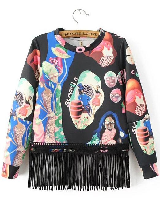 Romwe Graphic Print Fringe Hem Sweatshirt
