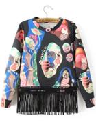 Romwe Graphic Print Fringe Hem Sweatshirt