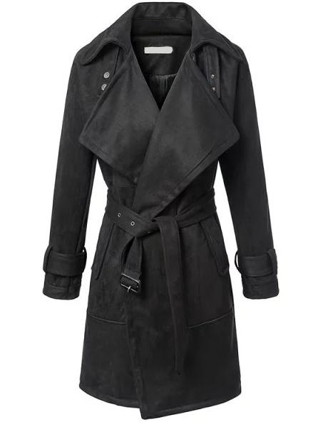 Romwe Waterfall Collar Wrap Belt Black Coat