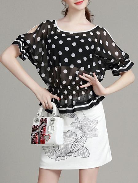 Romwe Black Polka Dot Sheer Top With Print Skirt