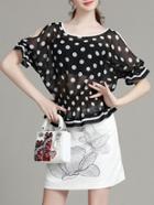 Romwe Black Polka Dot Sheer Top With Print Skirt