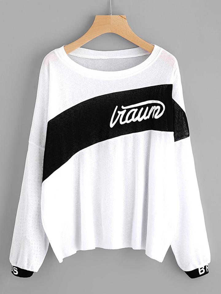 Romwe Color Block Letter Print Tee