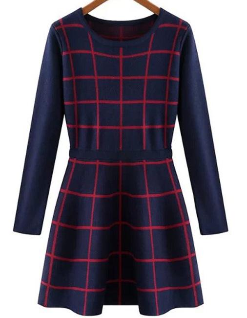Romwe Check Print Flouncing Navy Dress