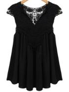 Romwe Lace Insert Cap Sleeve Swing Chiffon Top - Black