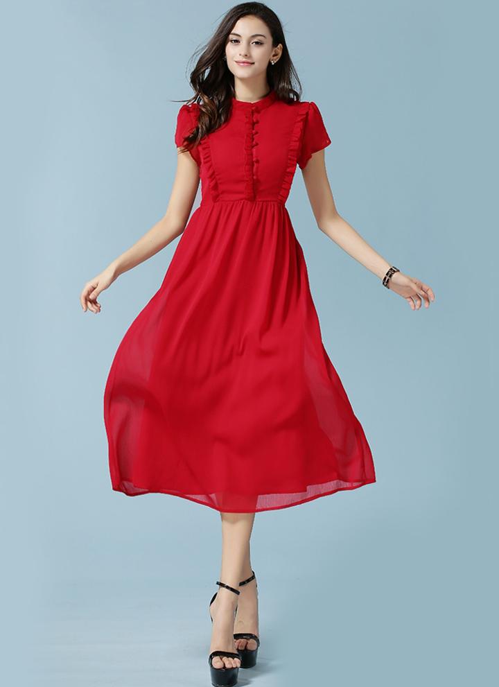 Romwe Red Stand Collar Ruffle Chiffon Dress