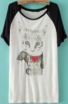 Romwe Cat Print Black And White T-shirt