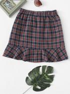 Romwe Tartan-plaid Frill Trim Skirt