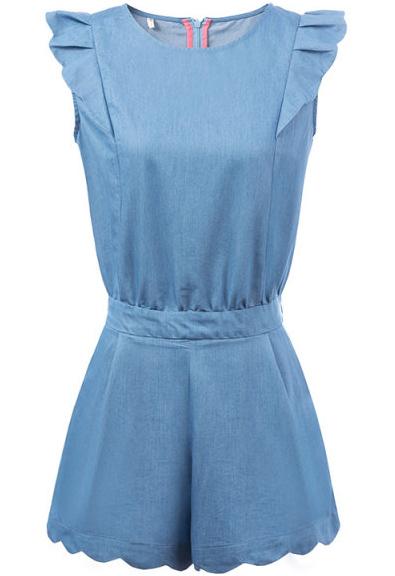 Romwe Blue Sleeveless Ruffle Scalloped Jumpsuit