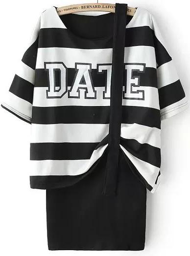 Romwe Striped Letter Print With Strap Black Dress