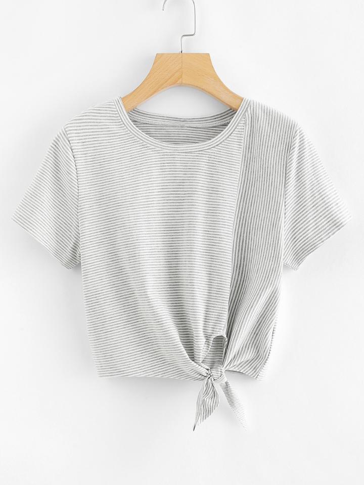 Romwe Knot Hem Striped Crop Tee