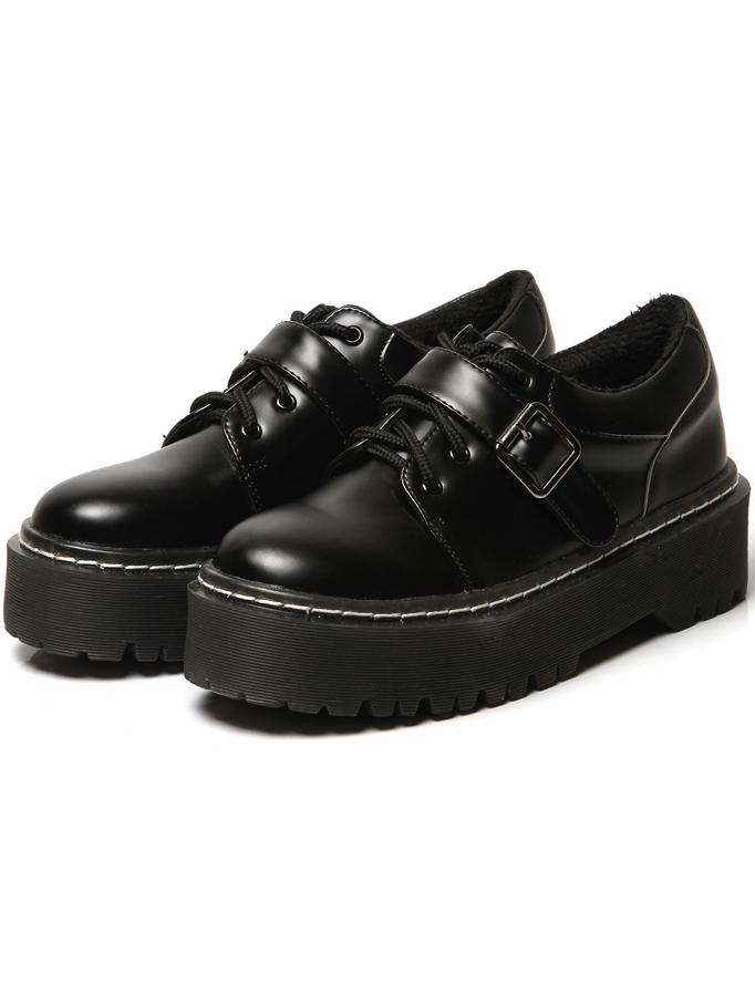 Romwe Black Round Toe Buckle Lace Up Shoes
