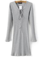 Romwe Grey Lace Up V Neck Ribbed Dress