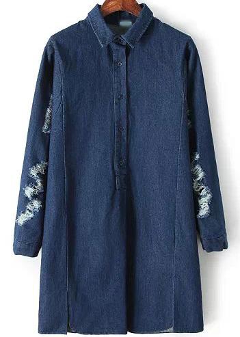 Romwe Navy Lapel Long Sleeve Ripped Denim Dress