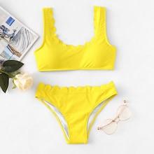 Romwe Scoop Neck Scalloped Trim Top With Seam Bikini Set