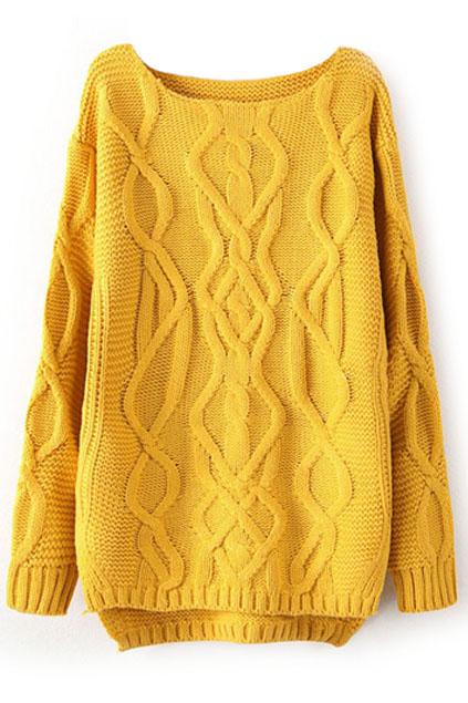 Romwe Cable Knitted Split Long Sleeves Yellow Jumper