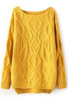 Romwe Cable Knitted Split Long Sleeves Yellow Jumper