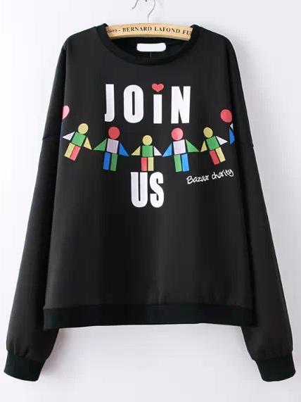 Romwe Join Us Print Crop Black Sweatshirt