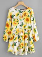 Romwe Sunflower Print Fringe Tie Neck Dress