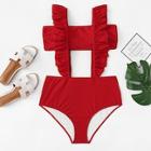Romwe Ruffle Straps Plain Bikini Set