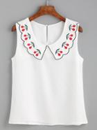 Romwe White Cherry Embroidered Scalloped Peter Pan Collar Top