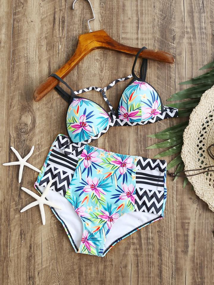 Romwe Floral And Chevron Print High Waist Bikini Set