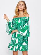 Romwe Bardot Frill Trim Jungle Print Dress