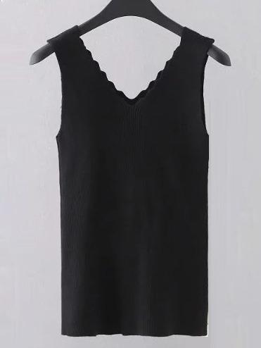 Romwe Black Scallop Neck Knit Tank Top