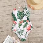 Romwe Tropical Print Lace-up Back One Piece Swimsuit