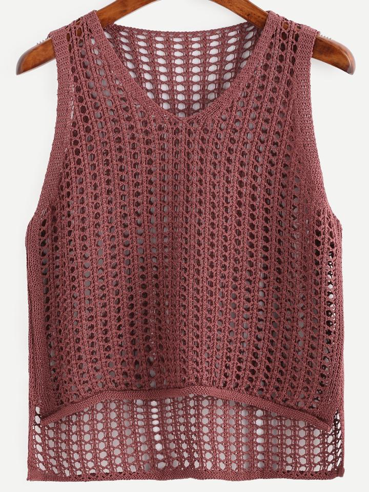 Romwe Brick Red Hollow Out Crochet High Low Top