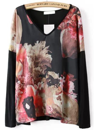 Romwe V Neck Floral Loose T-shirt