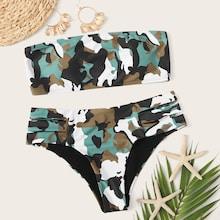 Romwe Camo Bandeau Top With Cut-out Bikini Set