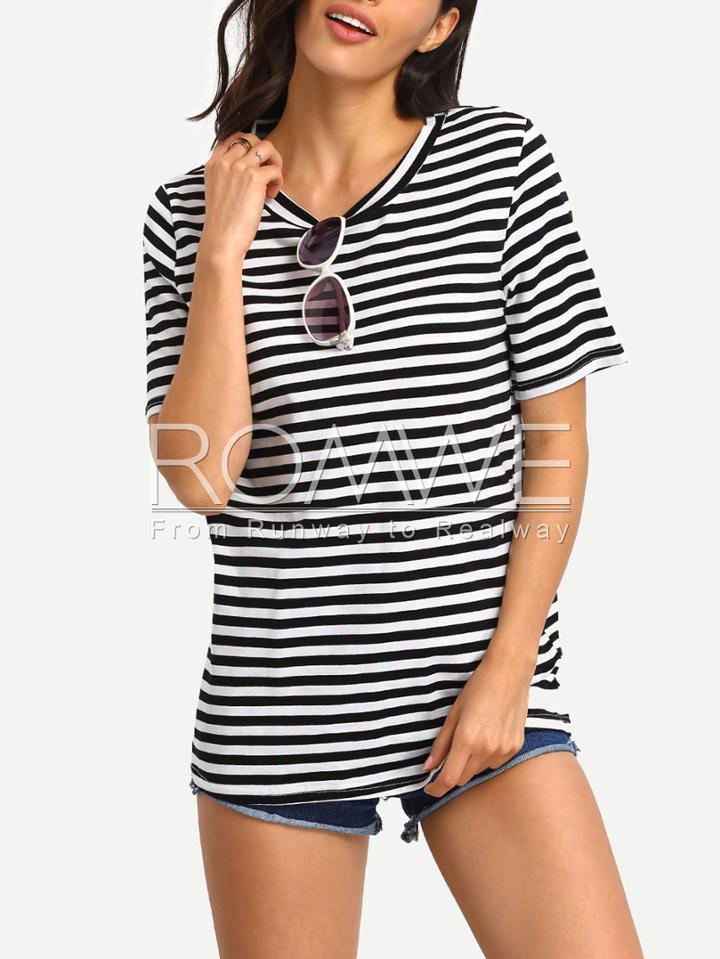 Romwe White Black Stripe Casual T-shirt