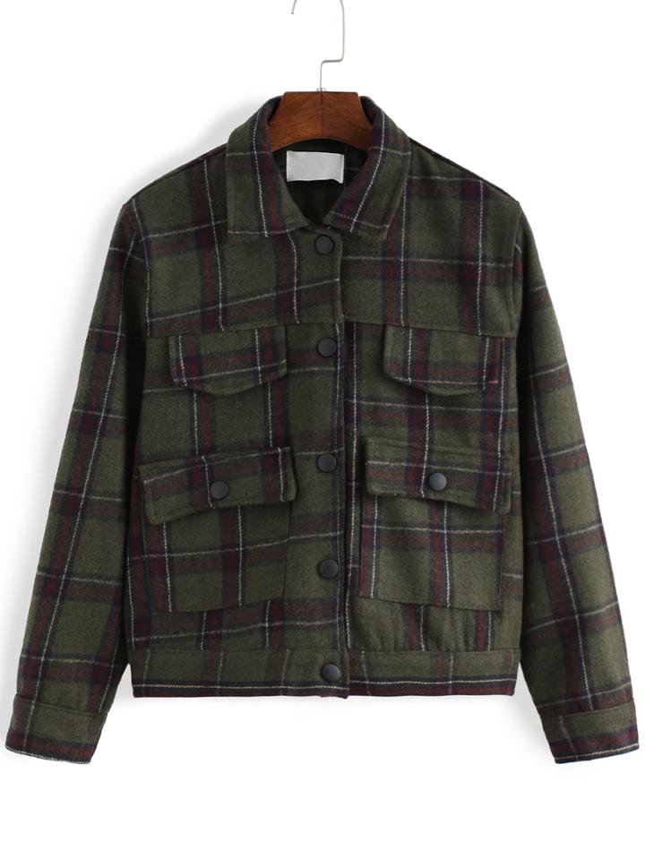 Romwe Lapel Plaid Buttons Pockets Jacket