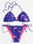 Romwe Flamingo Print Self Tie Bikini Set