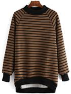 Romwe High Low Striped Khaki Sweatshirt
