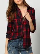 Romwe Red Black Lapel Buttons Plaid Pocket Blouse