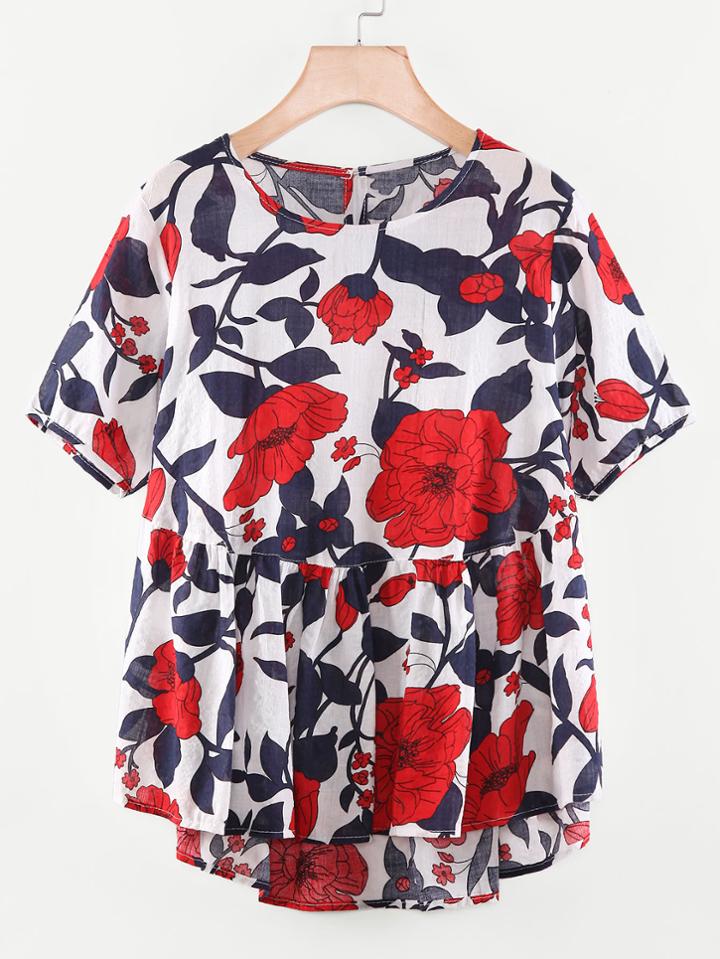 Romwe Florals Keyhole Back Dip Hem Smock Blouse