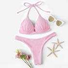 Romwe Ruched Halter Top With Cheeky Bikini Set