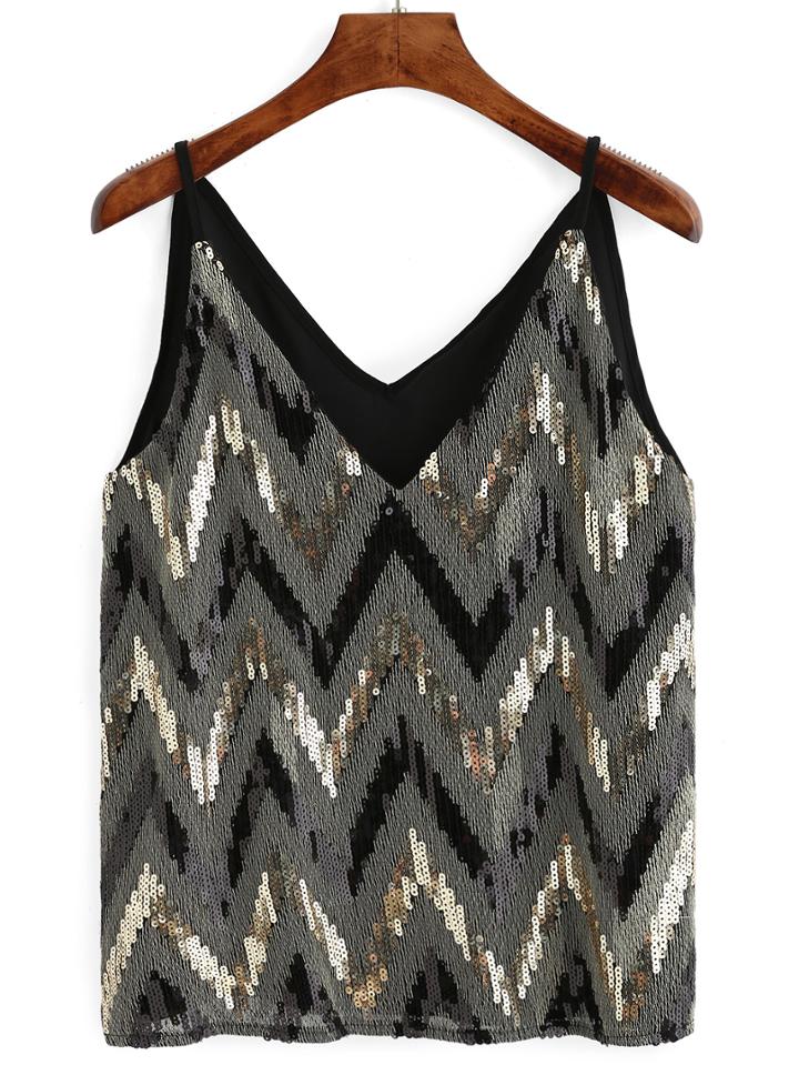 Romwe V Neck Sequined Chevron Cami Top