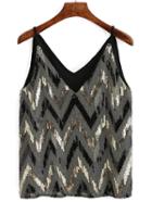 Romwe V Neck Sequined Chevron Cami Top