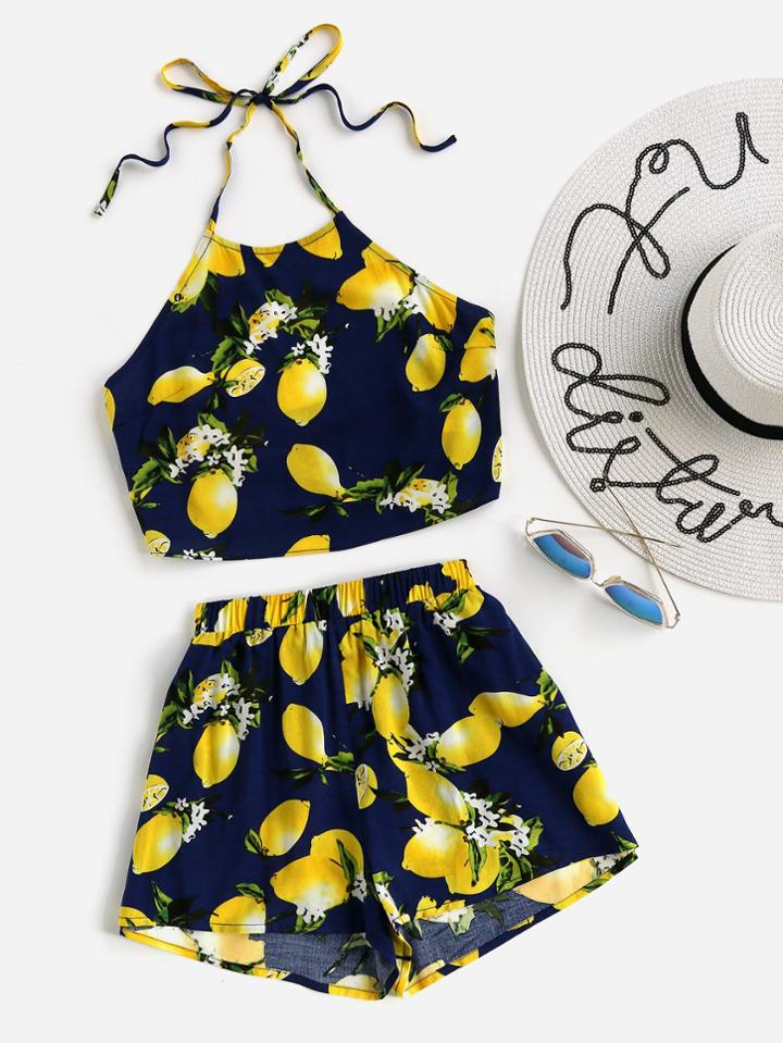 Romwe Tie Back Halter Top And Shorts Co-ord
