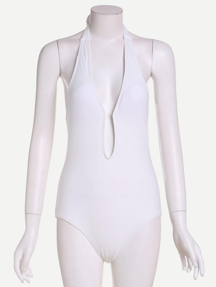 Romwe White Plunge Halter Neck Backless One Piece Swimwear
