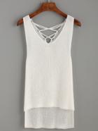 Romwe White Lace Up High Low Knit Tank Top