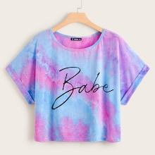 Romwe Plus Letter Print Tie Dye Cuffed Sleeve Tee